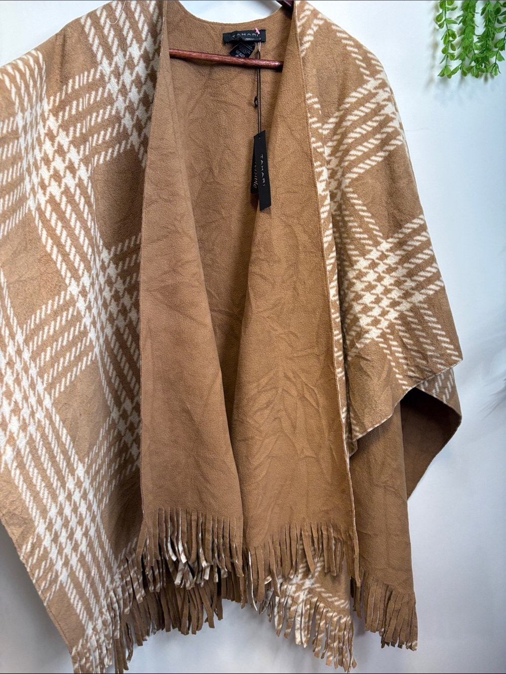 Tahari Tan and Cream Plaid Fringe Ruana / wrap